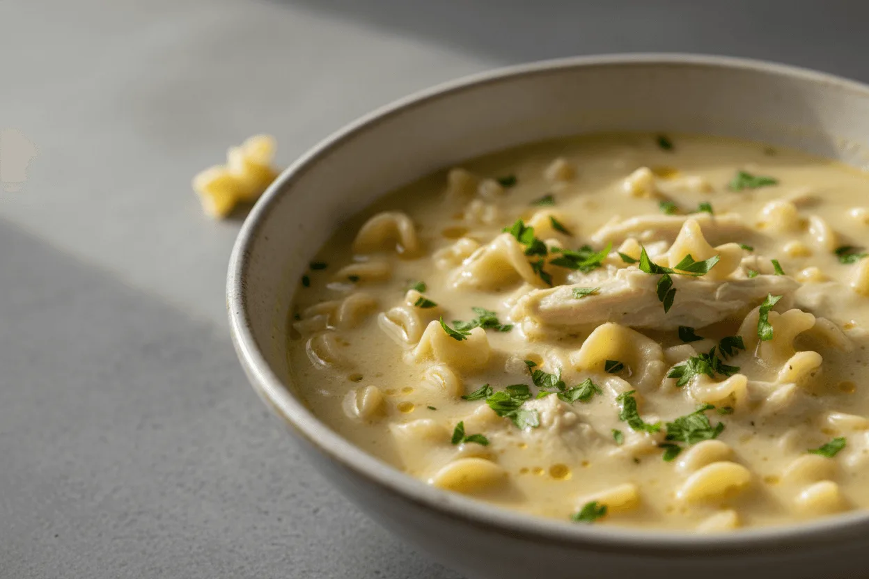 creamy chicken noodle soup with tender chicken and noodles in bowl