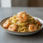 creamy garlic butter shrimp pasta with linguine and parsley garnish