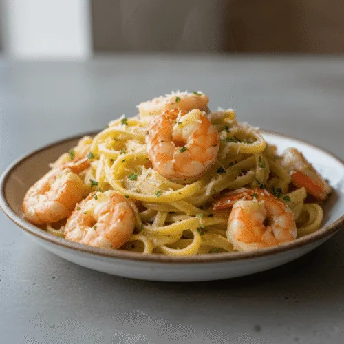 creamy garlic butter shrimp pasta with linguine and parsley garnish