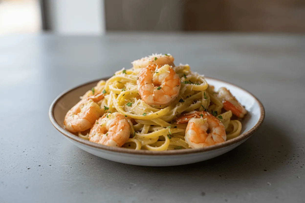 creamy garlic butter shrimp pasta with linguine and parsley garnish