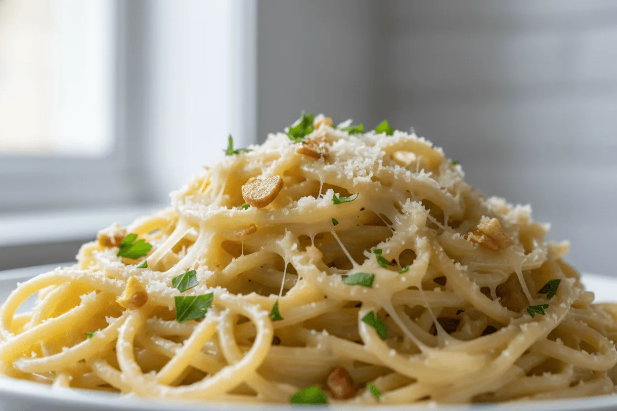 Close-up of creamy garlic Parmesan pasta with parsley garnish
