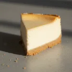 creamy cheesecake slice with graham cracker crust on gray background