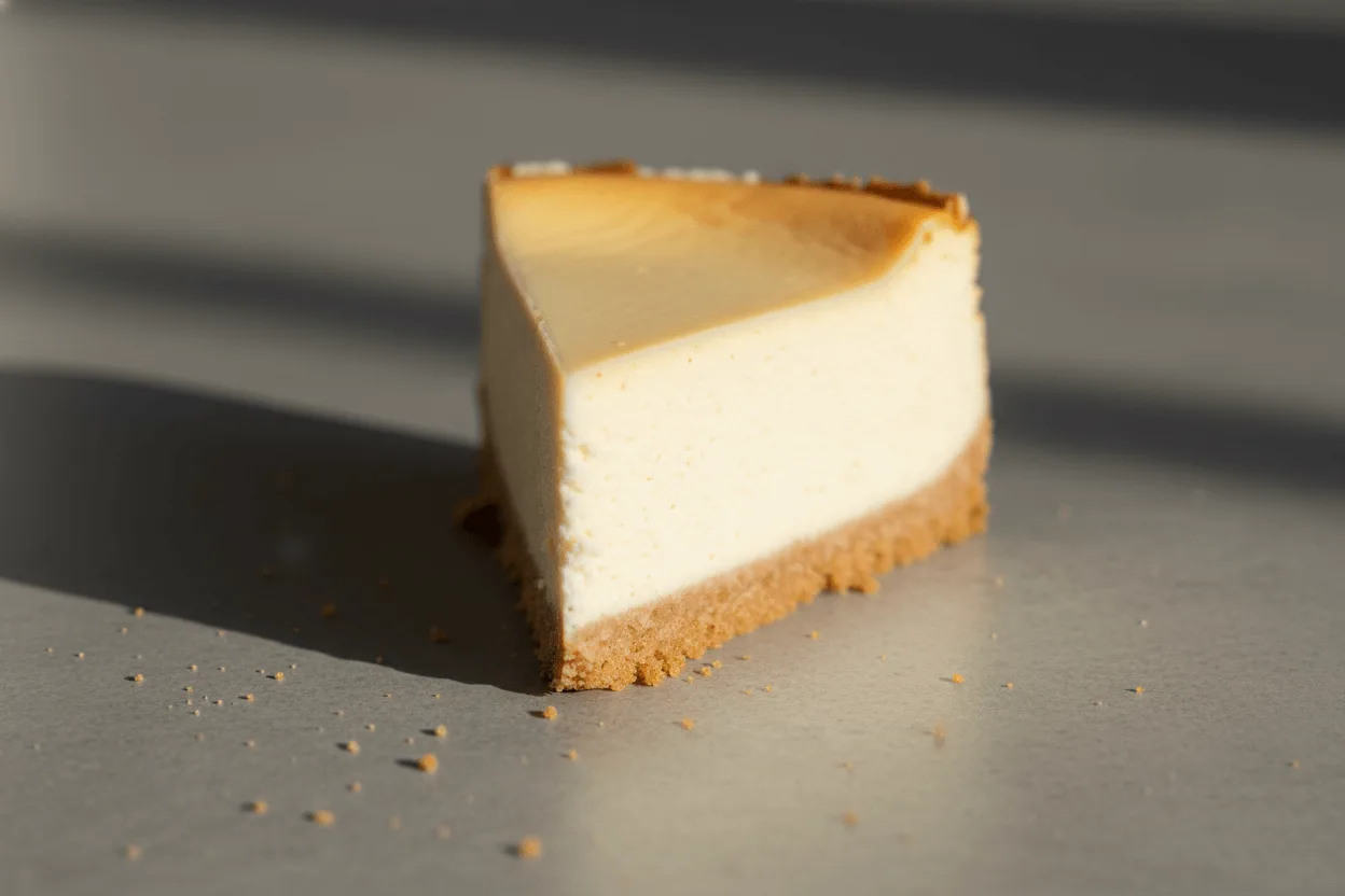 creamy cheesecake slice with graham cracker crust on gray background