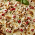 Creamy shredded chicken topped with melted cheese and tomatoes