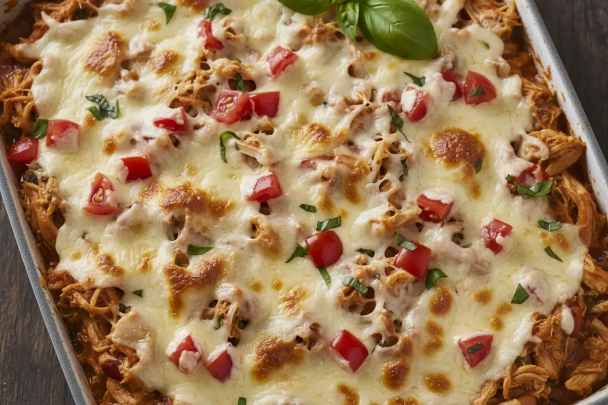 Creamy shredded chicken topped with melted cheese and tomatoes