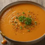 Top view of creamy sweet potato soup with herbs
