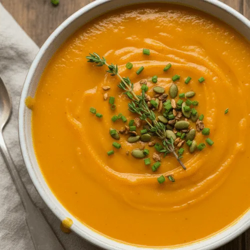 Bowl of creamy sweet potato soup with herbs