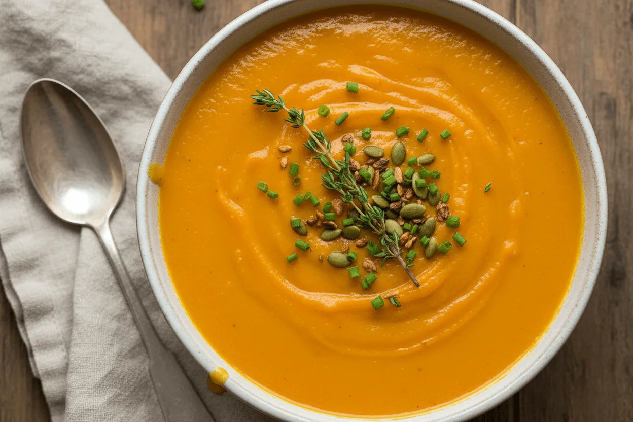 Bowl of creamy sweet potato soup with herbs