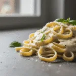 creamy white Alfredo sauce on fettuccine pasta close-up