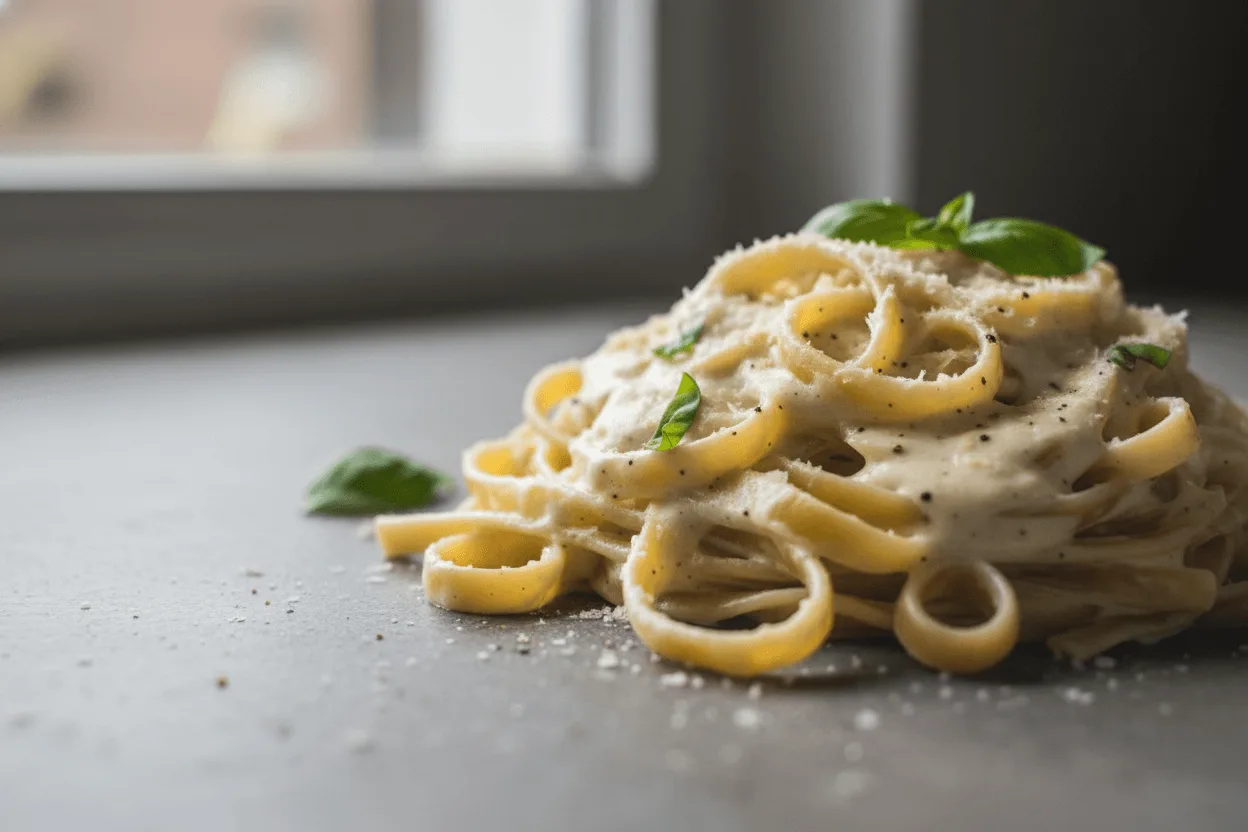 creamy white Alfredo sauce on fettuccine pasta close-up