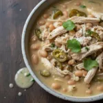 Bowl of creamy white chicken chili with beans and chilies