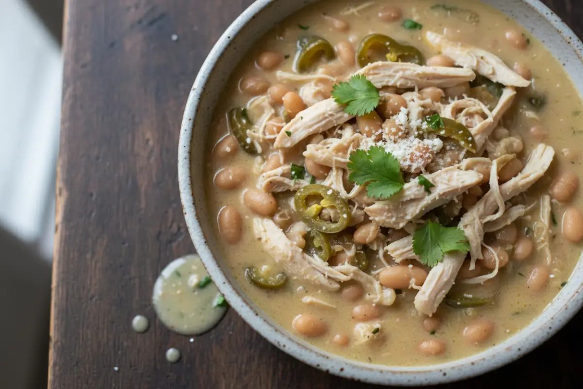 Bowl of creamy white chicken chili with beans and chilies