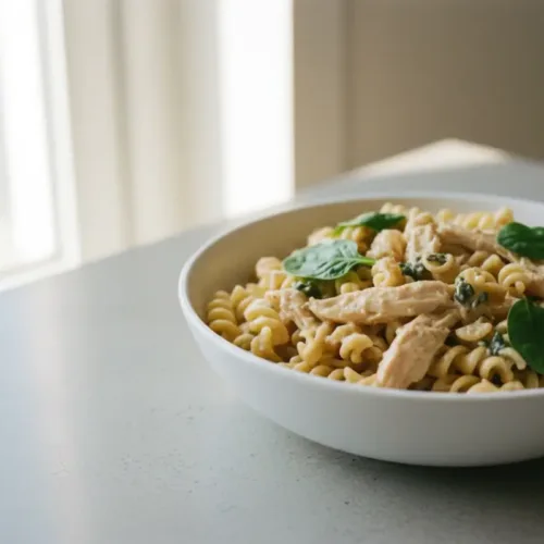Creamy chicken pasta with spinach served in a white bowl