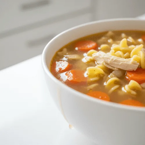 Close-up of chicken noodle soup with carrots and noodles in broth