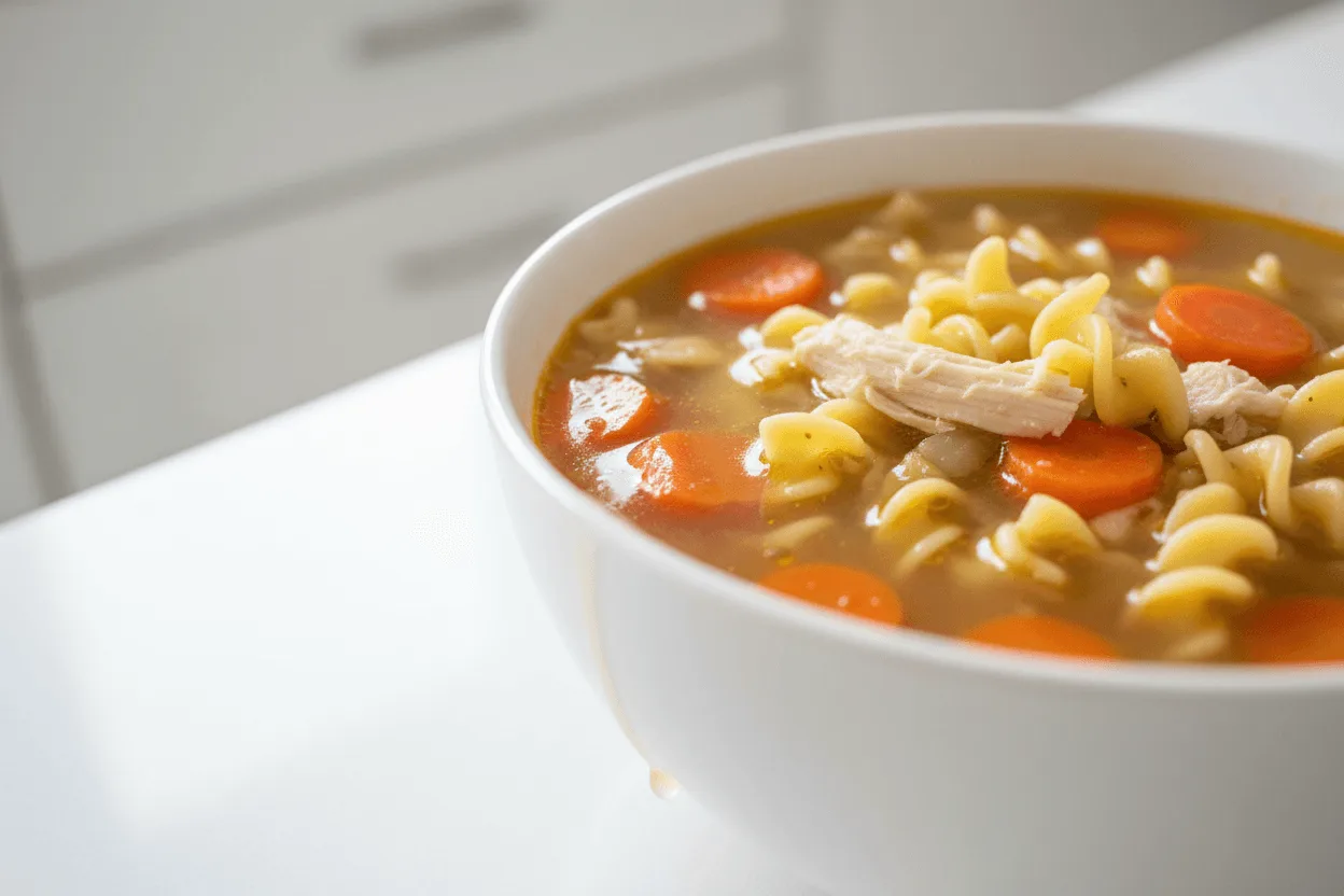 Close-up of chicken noodle soup with carrots and noodles in broth