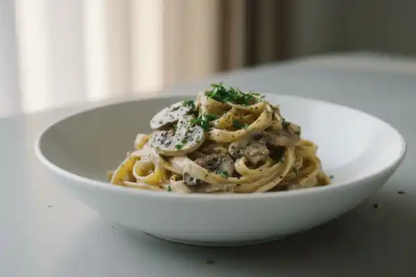 Creamy mushroom pasta dinner plated with parsley garnish