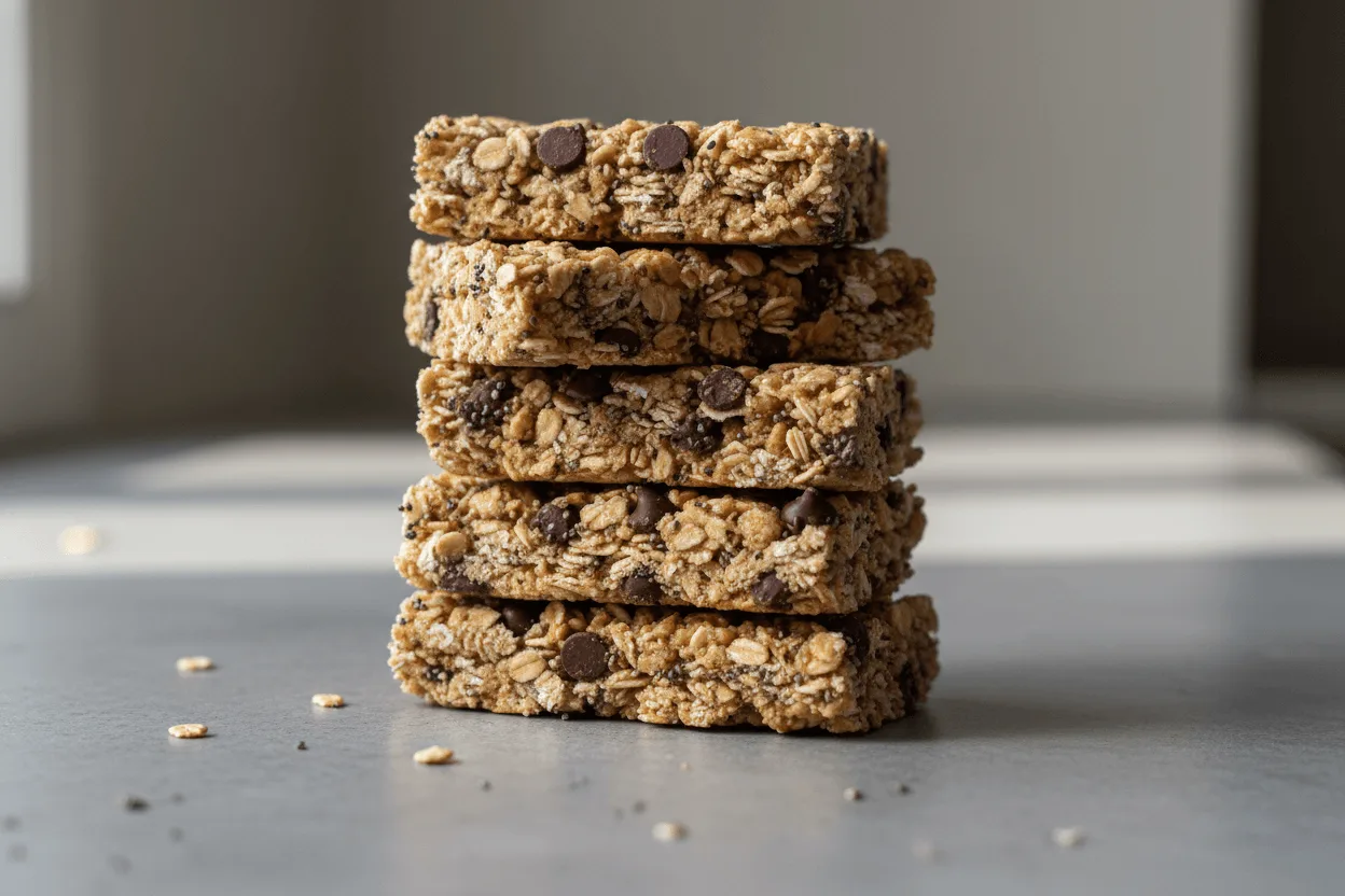 No bake granola bars with oats and chocolate chips stacked closely