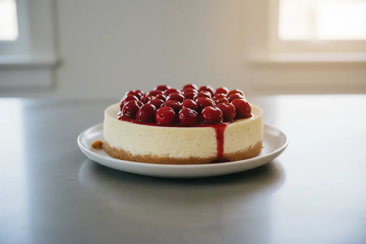 Eye-level shot of creamy cheesecake with cherry topping on white plate