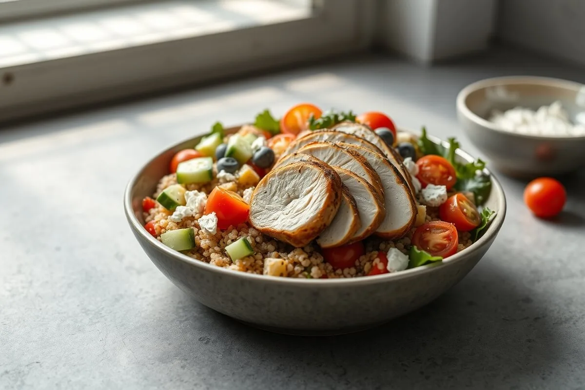 Greek chicken bowl with quinoa, veggies, and feta cheese close-up