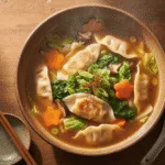 Overhead view of a bowl of gyoza soup with dumplings and vegetables.