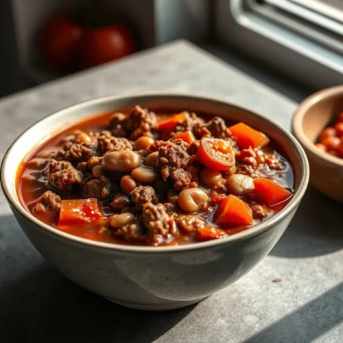 bowl of hearty ground beef and bean chili on gray tabletop