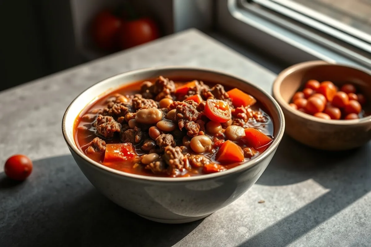 bowl of hearty ground beef and bean chili on gray tabletop