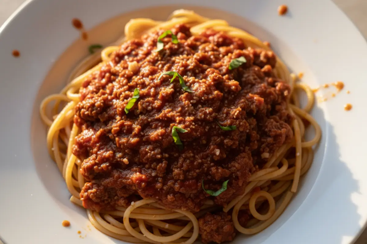 Plate of spaghetti with tomato sauce and ground beef