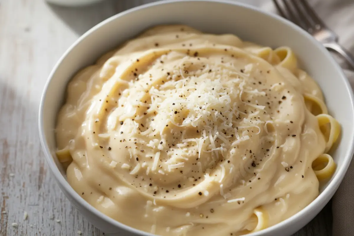 Creamy Alfredo sauce in a bowl with Parmesan and pepper