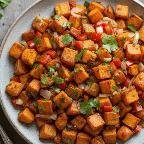Sweet potato hash with bell peppers and onions