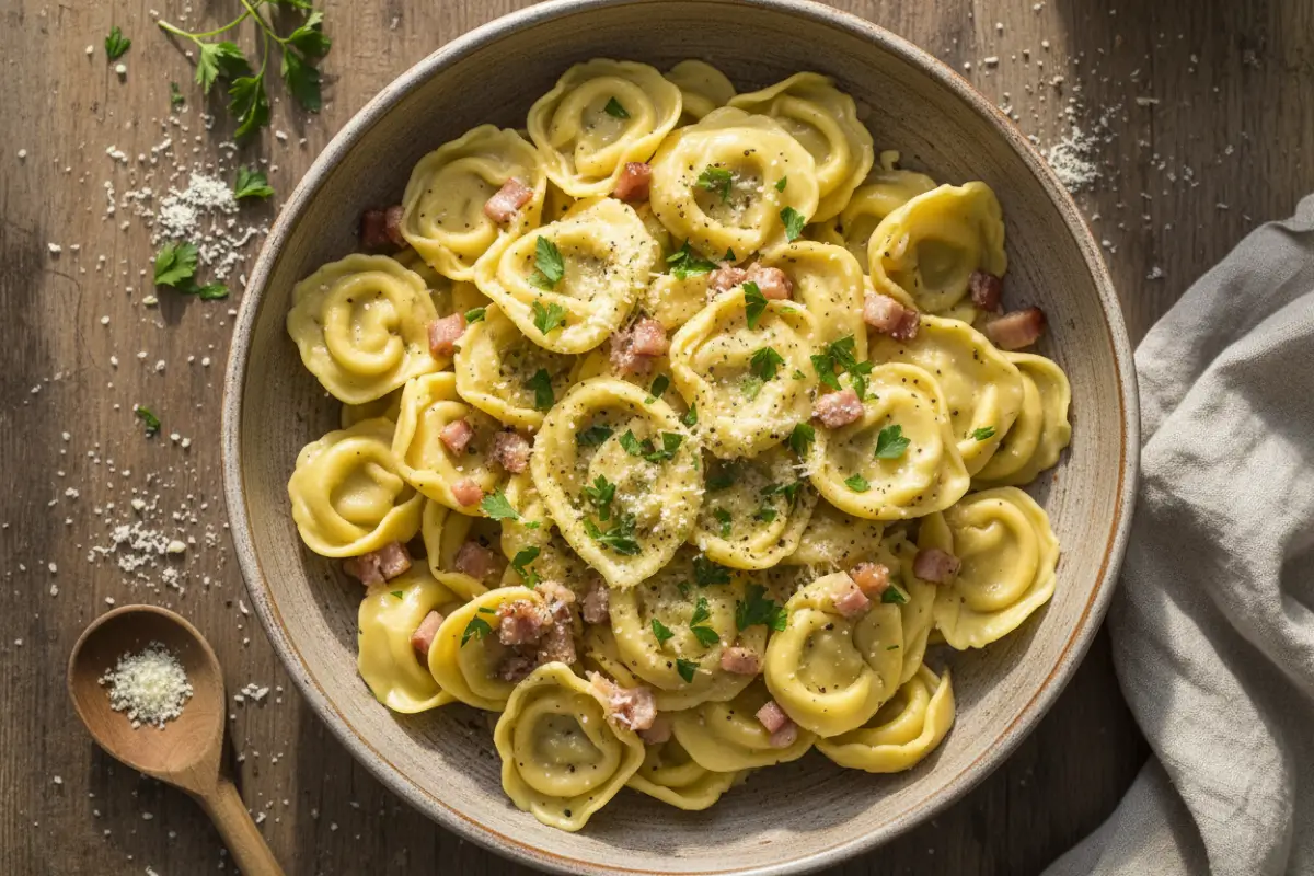 Tortellini carbonara with parsley and Parmesan