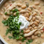 Bowl of white bean chicken chili with cilantro and sour cream