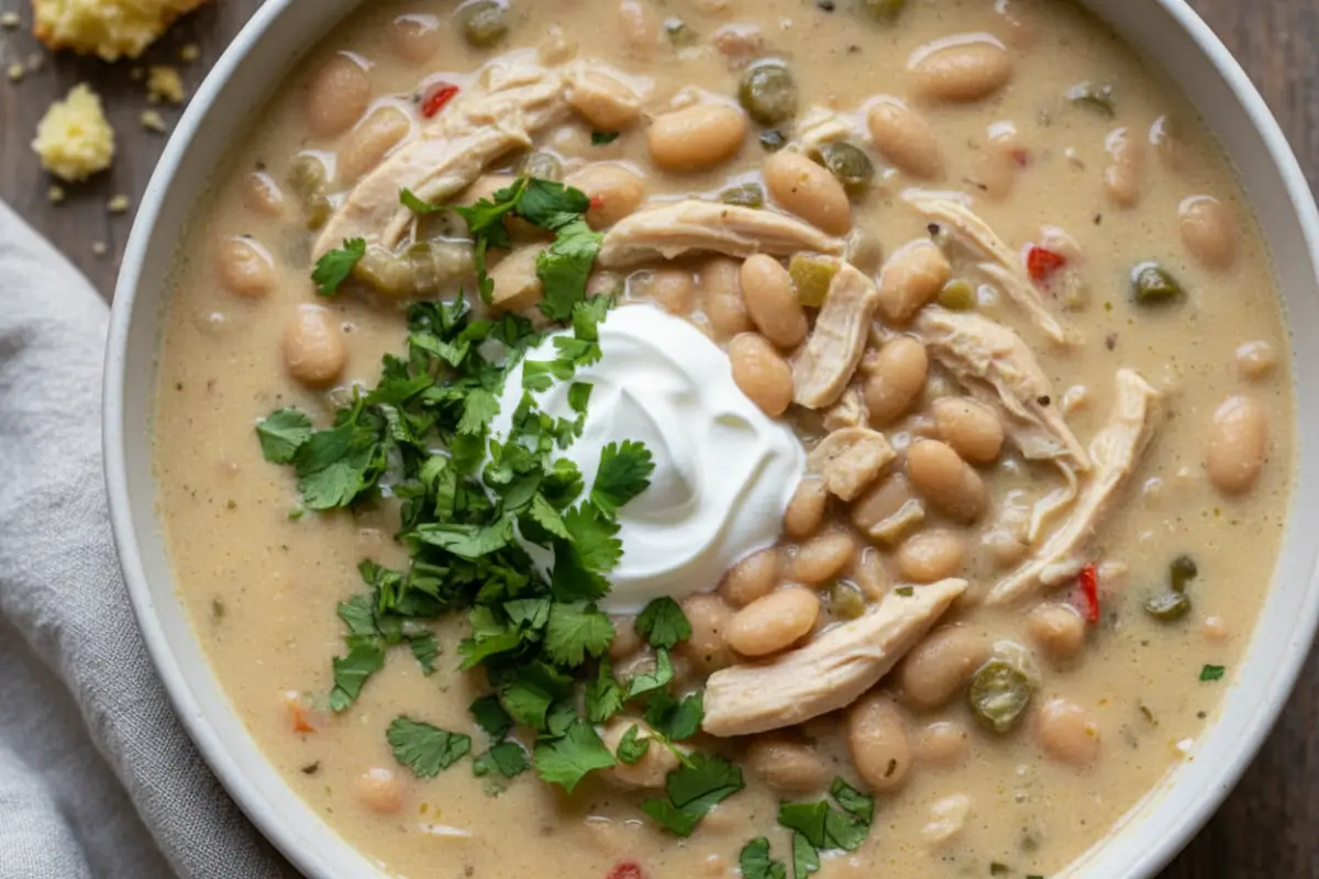 Bowl of white bean chicken chili with cilantro and sour cream