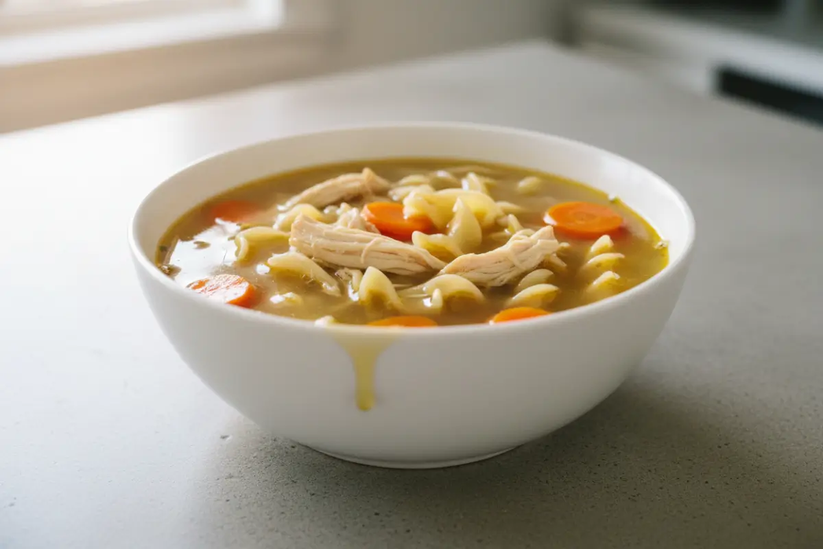Slow cooker chicken noodle soup with carrots in white bowl 45-degree angle