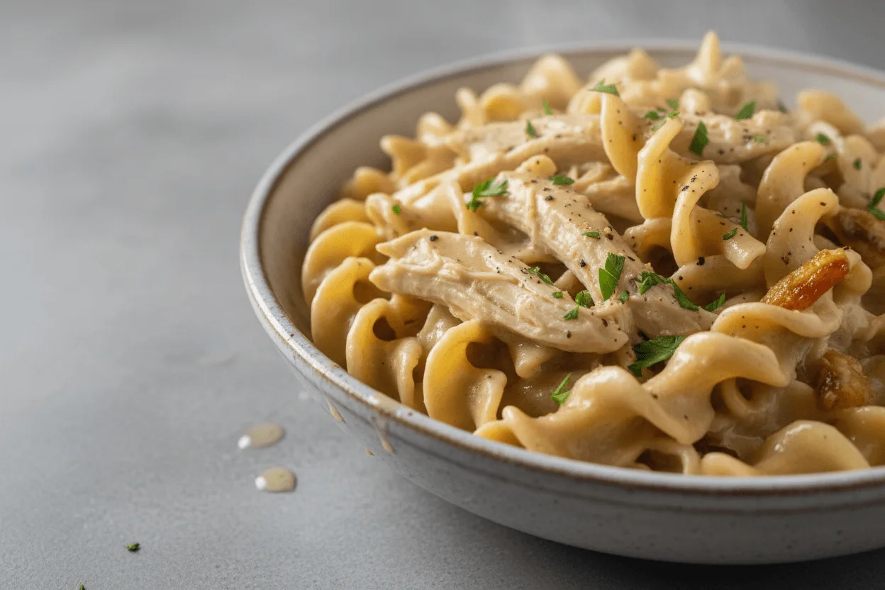 Slow cooker chicken and noodles in creamy sauce close-up
