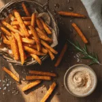 Overhead view of crispy sweet potato fries with dipping sauce