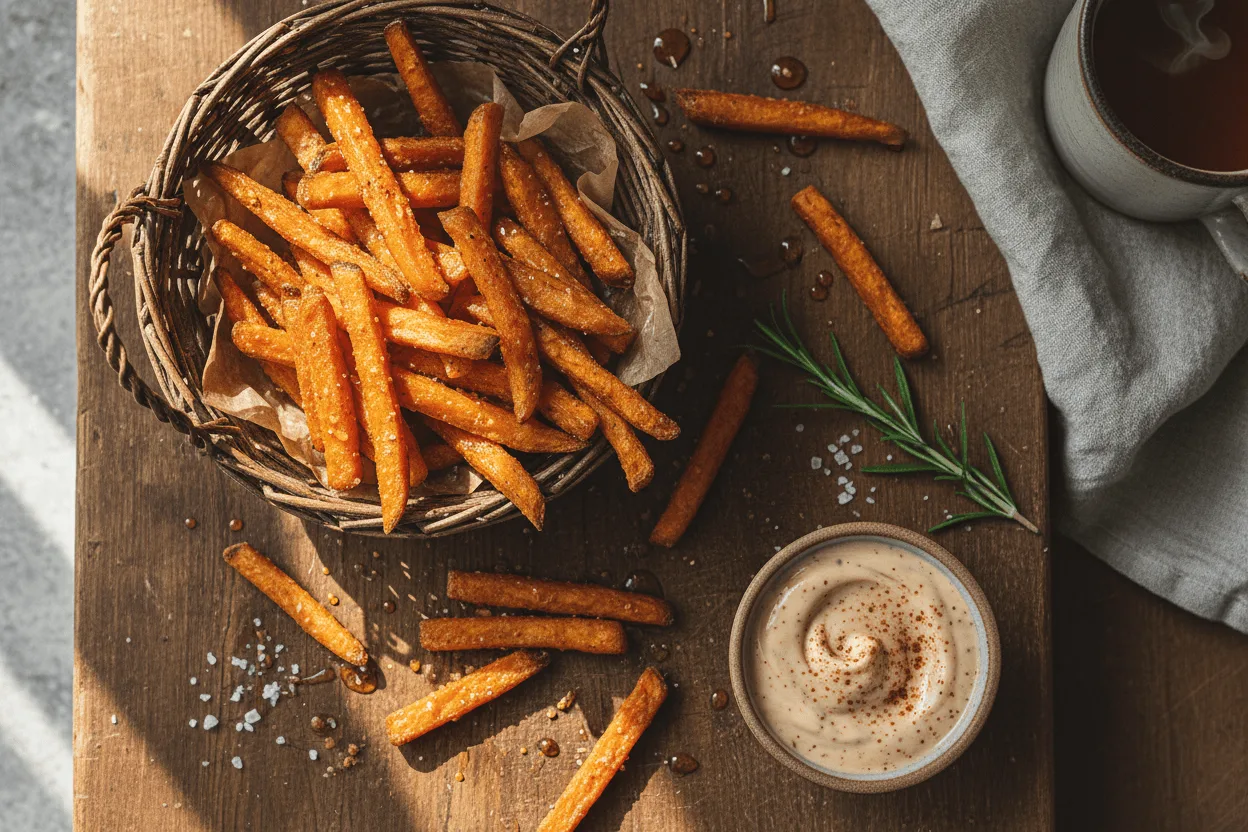 Overhead view of crispy sweet potato fries with dipping sauce