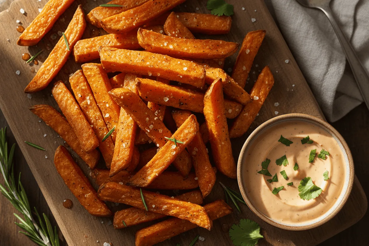 Overhead view of crispy sweet potato fries with a golden brown color, seasoned with salt and paprika.