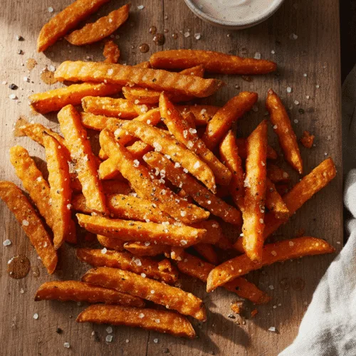 Overhead view of crispy sweet potato fries with golden edges on a rustic wooden board.