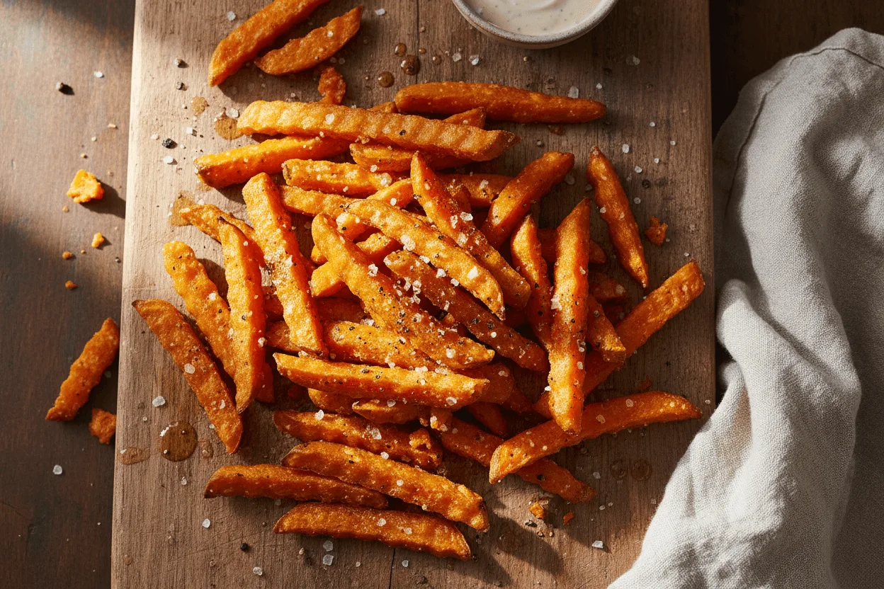 Overhead view of crispy sweet potato fries with golden edges on a rustic wooden board.