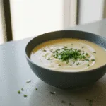 Creamy potato soup in a modern bowl garnished with chives