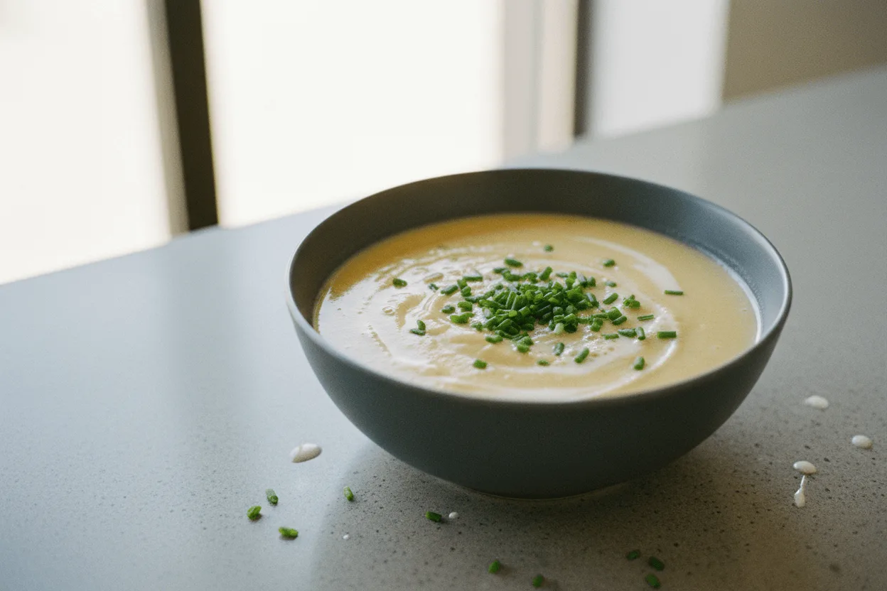 Creamy potato soup in a modern bowl garnished with chives