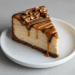 Turtle cheesecake slice with caramel, chocolate, and pecans