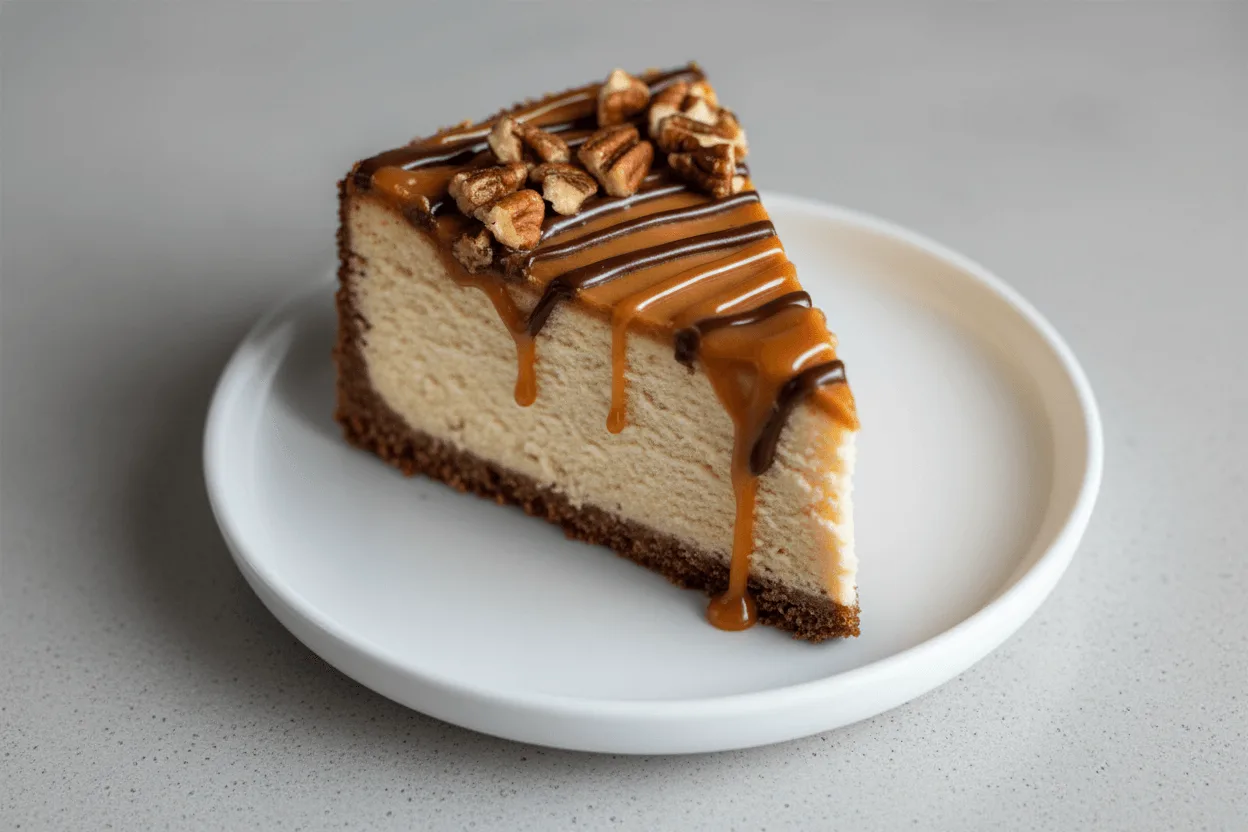 Turtle cheesecake slice with caramel, chocolate, and pecans