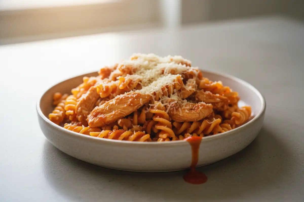 Close-up of Zesty Italian Chicken Pasta in a shallow bowl at 30 degree angle